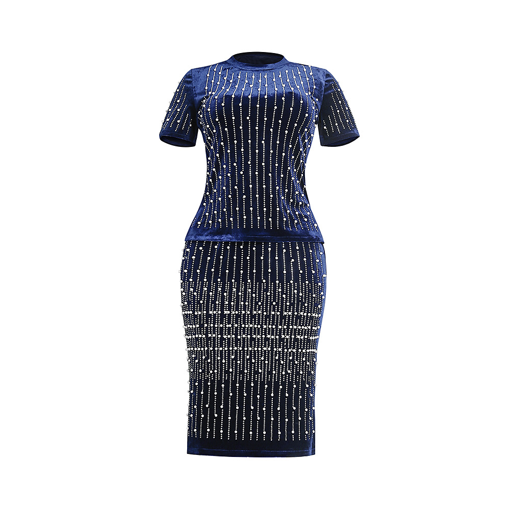 Large two piece skirt suit heavy industry nail bead flannel fashion casual T-shirt + Hip Wrap Skirt African dress