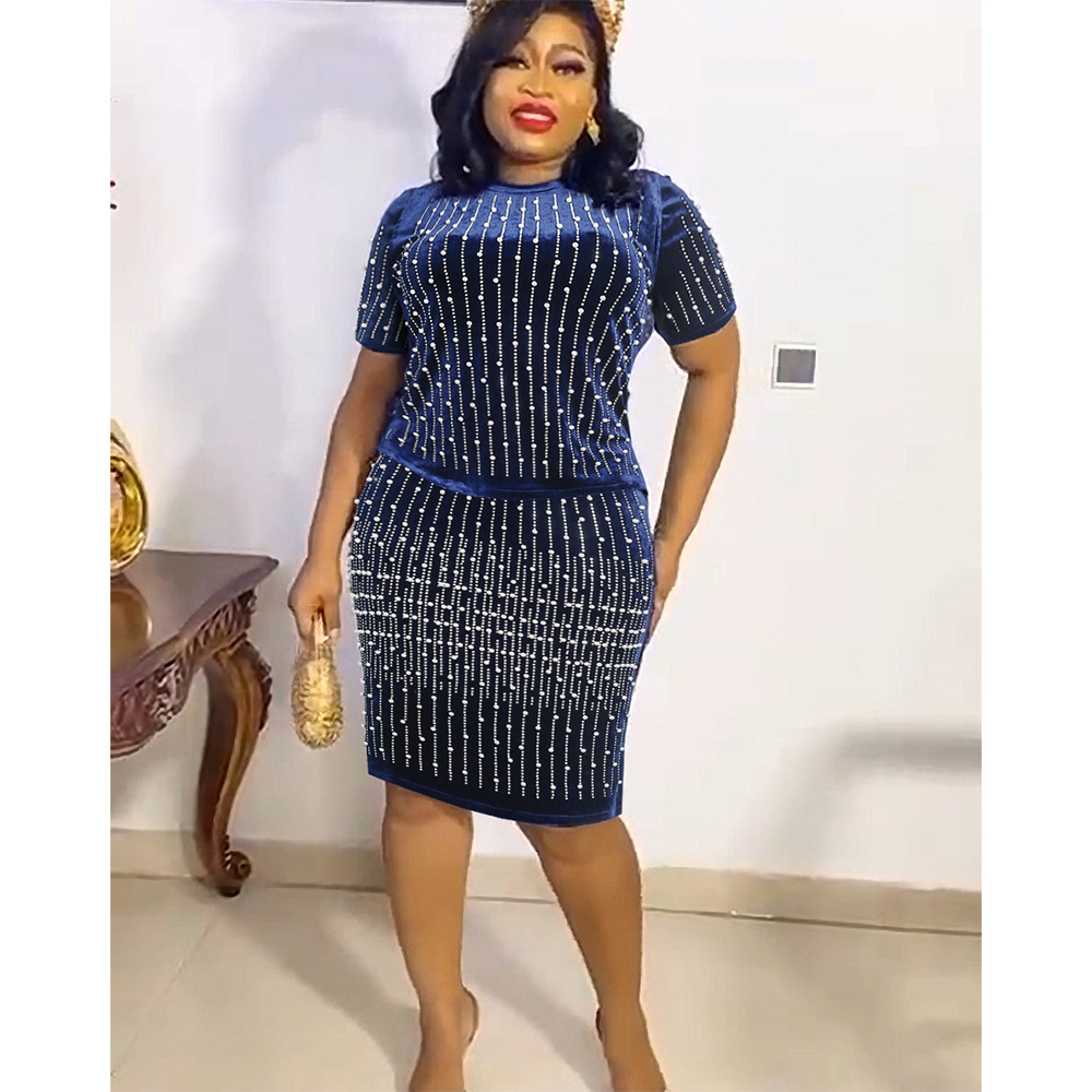 Large two piece skirt suit heavy industry nail bead flannel fashion casual T-shirt + Hip Wrap Skirt African dress