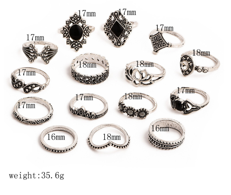 Bohemian Vintage Silver exquisite lotus women's new personalized ring set of 15 pieces Jewellery