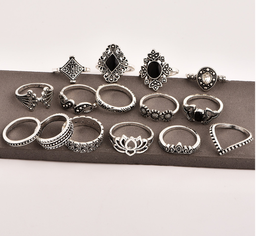 Bohemian Vintage Silver exquisite lotus women's new personalized ring set of 15 pieces Jewellery