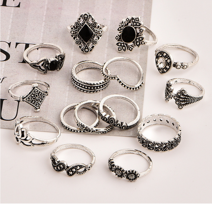 Bohemian Vintage Silver exquisite lotus women's new personalized ring set of 15 pieces Jewellery