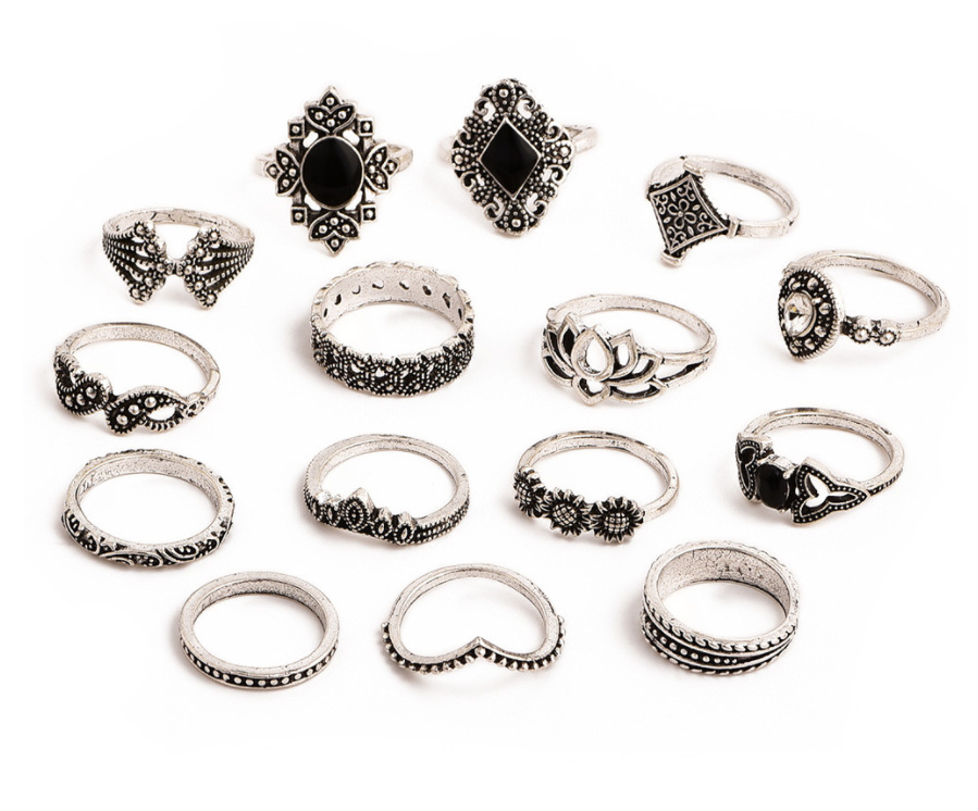 Bohemian Vintage Silver exquisite lotus women's new personalized ring set of 15 pieces Jewellery