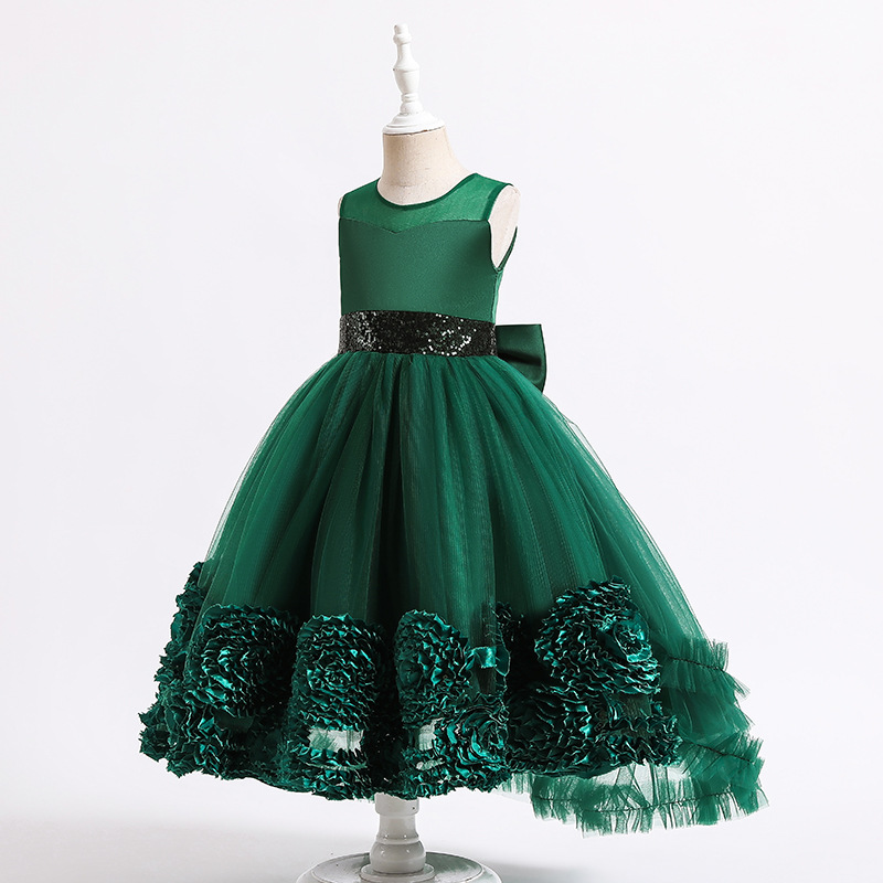 New girls' dress Princess Dress sleeveless trailing mesh flower fluffy dress long dress piano show dress