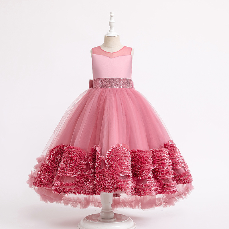 New girls' dress Princess Dress sleeveless trailing mesh flower fluffy dress long dress piano show dress