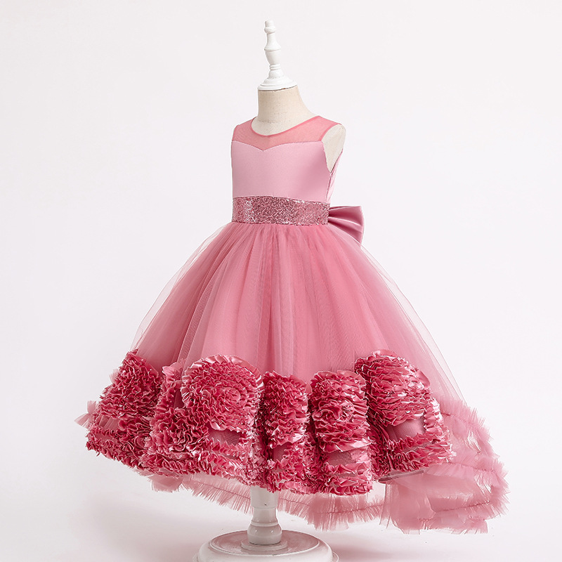 New girls' dress Princess Dress sleeveless trailing mesh flower fluffy dress long dress piano show dress