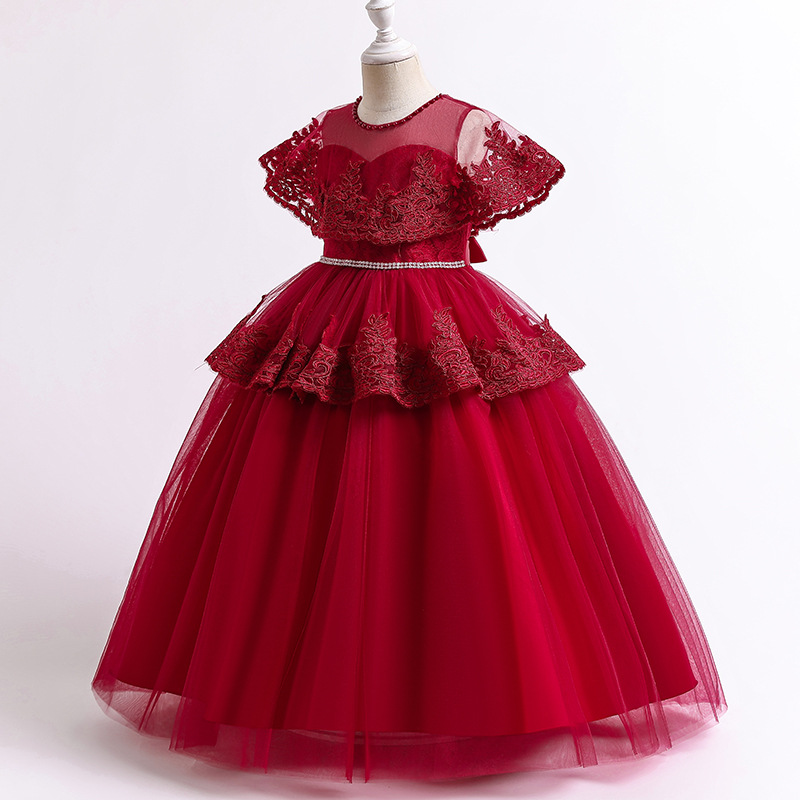 New girls' wedding dress embroidered small shawl princess dress flower girl lotus leaf skirt long skirt host performance dress