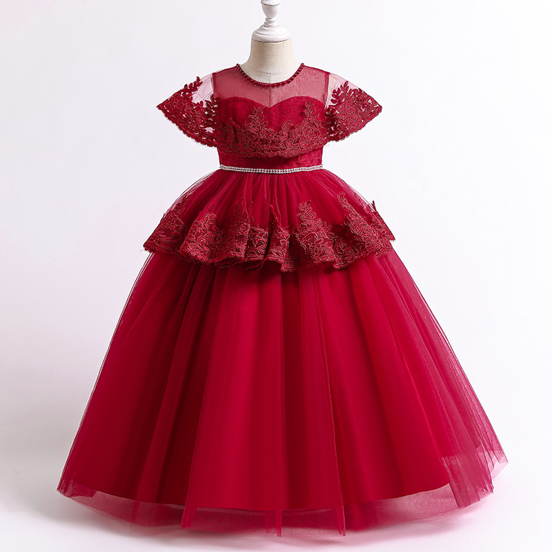 New girls' wedding dress embroidered small shawl princess dress flower girl lotus leaf skirt long skirt host performance dress