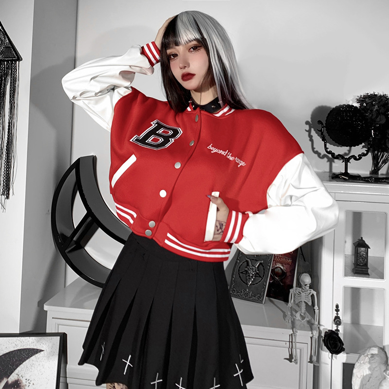 2022 Color blocking printing leather sleeve Baseball Jacket short coat women's  coat