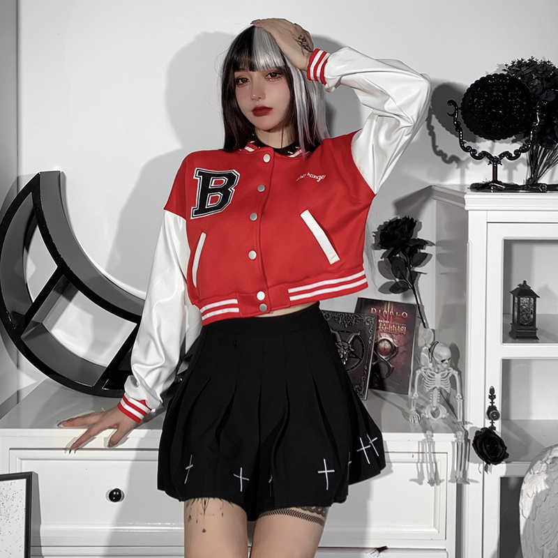 2022 Color blocking printing leather sleeve Baseball Jacket short coat women's  coat