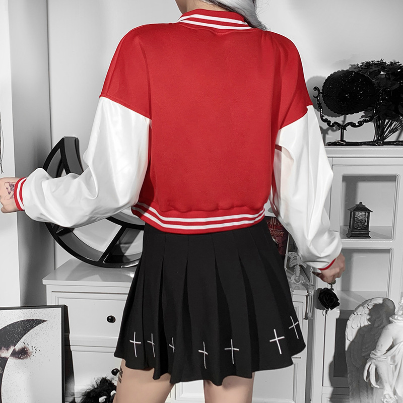 2022 Color blocking printing leather sleeve Baseball Jacket short coat women's  coat