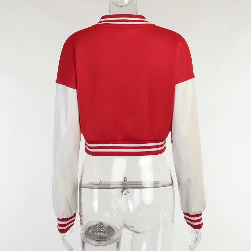 2022 Color blocking printing leather sleeve Baseball Jacket short coat women's  coat