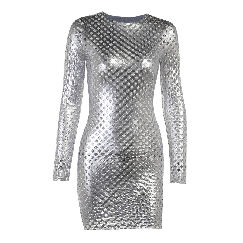 Hy21323 Autumn new temperament diamond mesh hollow out dress solid color Hip Wrap Skirt women dress