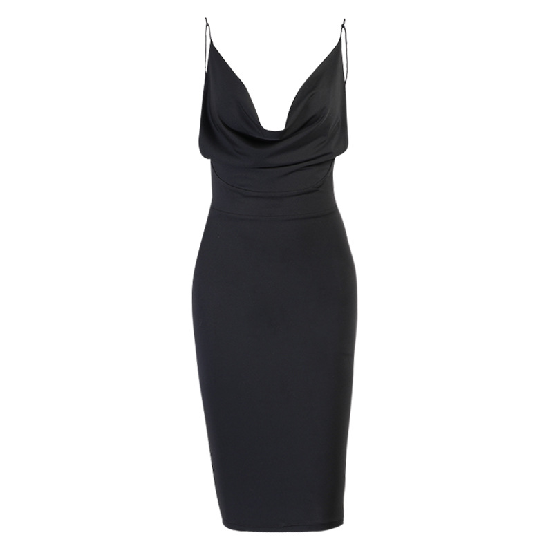 21521pv Small suspender skirt women's new temperament commuter solid color large V-Neck long dress