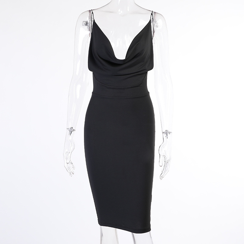 21521pv Small suspender skirt women's new temperament commuter solid color large V-Neck long dress