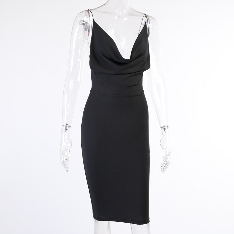 21521pv Small suspender skirt women's new temperament commuter solid color large V-Neck long dress