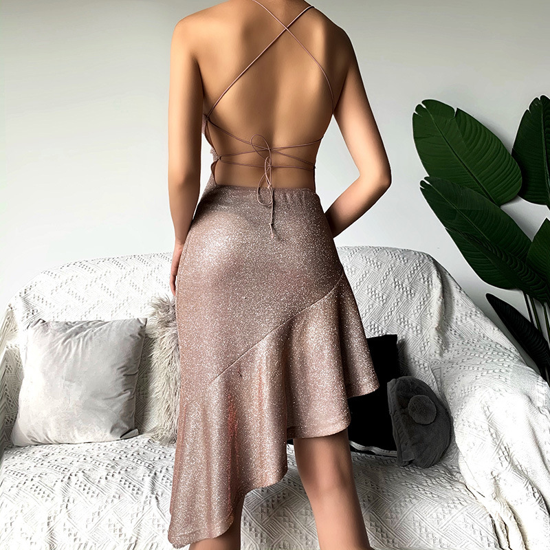 93673 Bright silk suspender backless bandage dress women's autumn temperament colorful lace up oblique evening dress