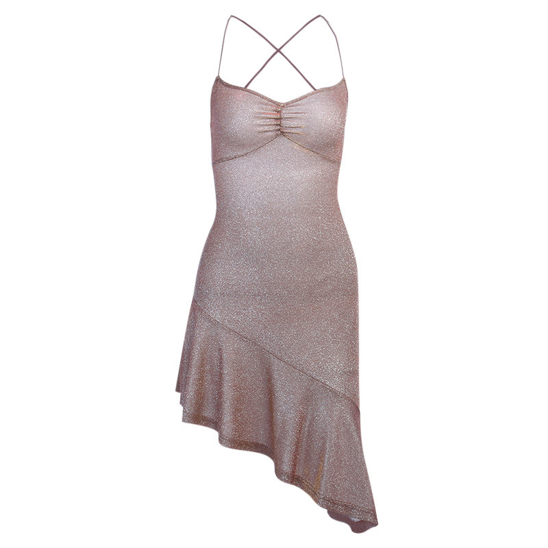 93673 Bright silk suspender backless bandage dress women's autumn temperament colorful lace up oblique evening dress