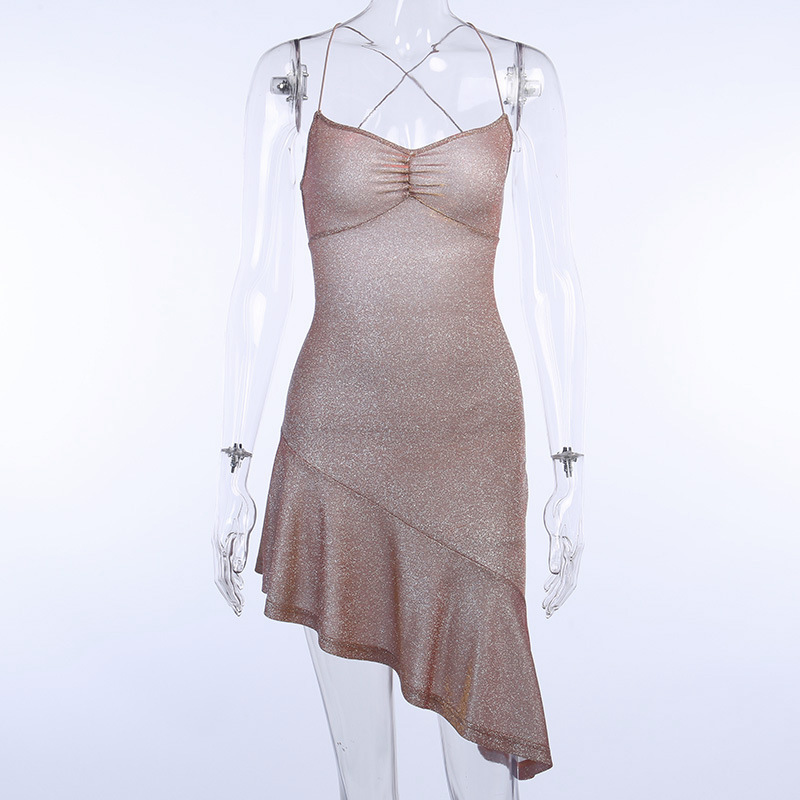 93673 Bright silk suspender backless bandage dress women's autumn temperament colorful lace up oblique evening dress