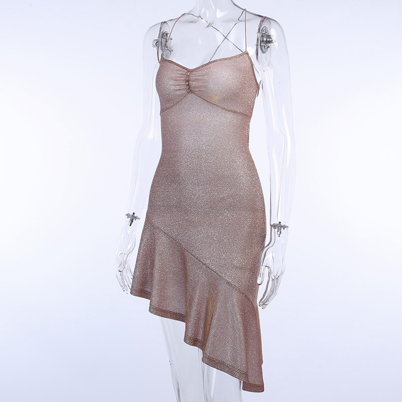 93673 Bright silk suspender backless bandage dress women's autumn temperament colorful lace up oblique evening dress
