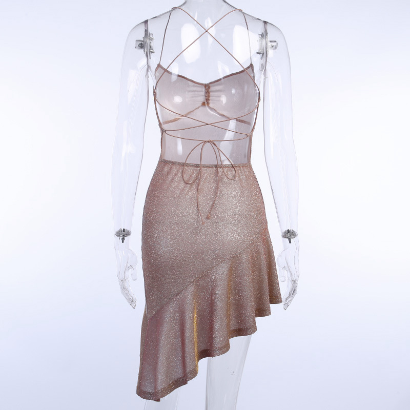 93673 Bright silk suspender backless bandage dress women's autumn temperament colorful lace up oblique evening dress