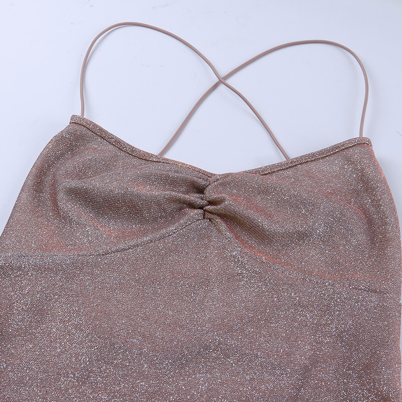 93673 Bright silk suspender backless bandage dress women's autumn temperament colorful lace up oblique evening dress