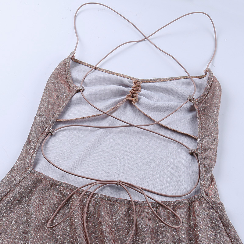 93673 Bright silk suspender backless bandage dress women's autumn temperament colorful lace up oblique evening dress