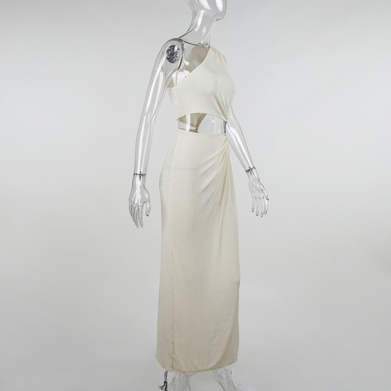 Cc21243 Sexy slit diagonal shoulder long skirt women personalized hollow new dress