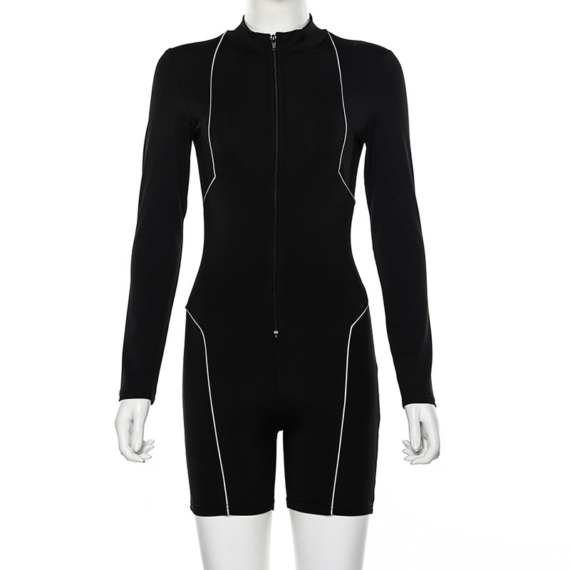 2022  Summer women's new reflective stitching long sleeve high waist tight zipper casual one-piece pants
