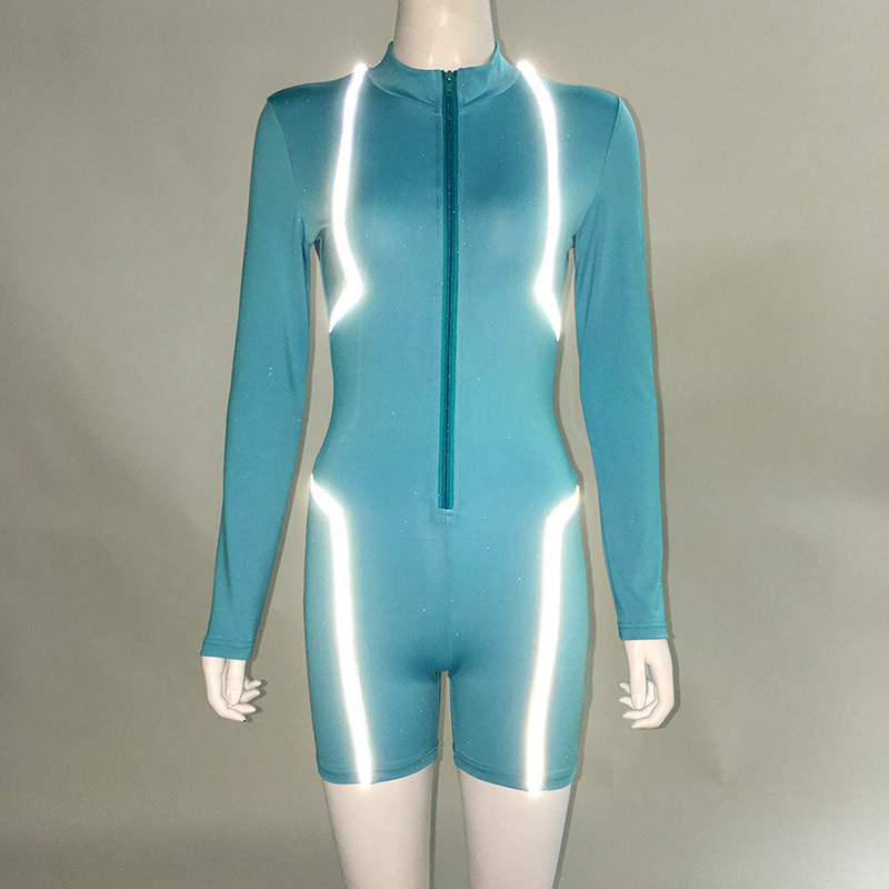 2022  Summer women's new reflective stitching long sleeve high waist tight zipper casual one-piece pants