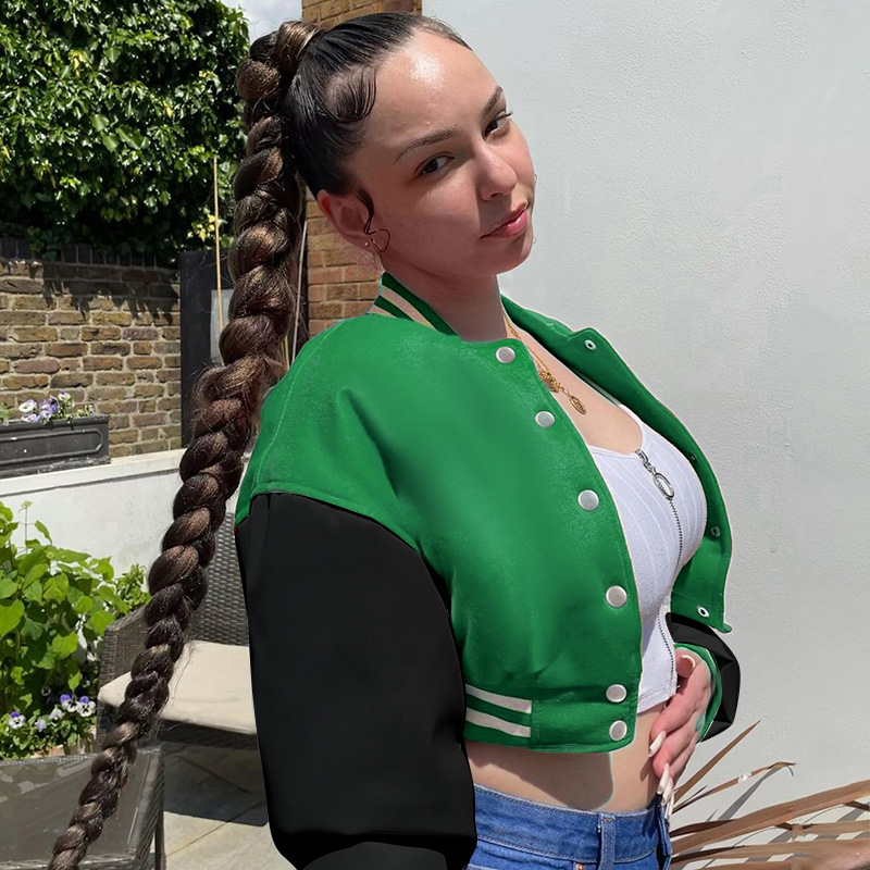 2022 Autumn winter new women's single breasted slim fit jacket Pu splicing long sleeve Baseball Jacket Women's jacket