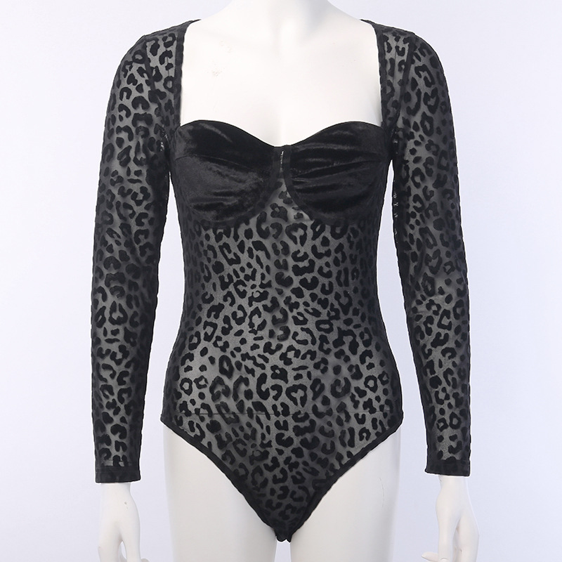 93542 Sexy perspective mesh leopard stitching Jumpsuit women's long sleeve square neck mesh slim bottoming tops
