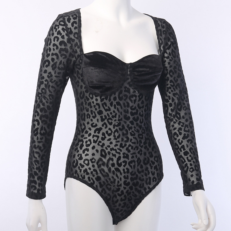 93542 Sexy perspective mesh leopard stitching Jumpsuit women's long sleeve square neck mesh slim bottoming tops