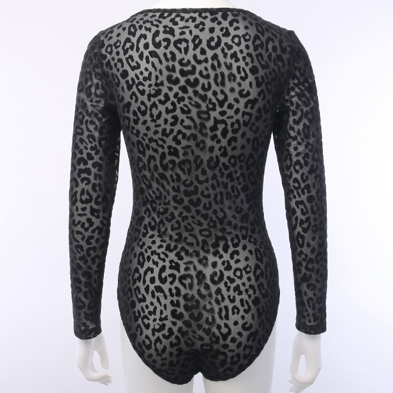 93542 Sexy perspective mesh leopard stitching Jumpsuit women's long sleeve square neck mesh slim bottoming tops