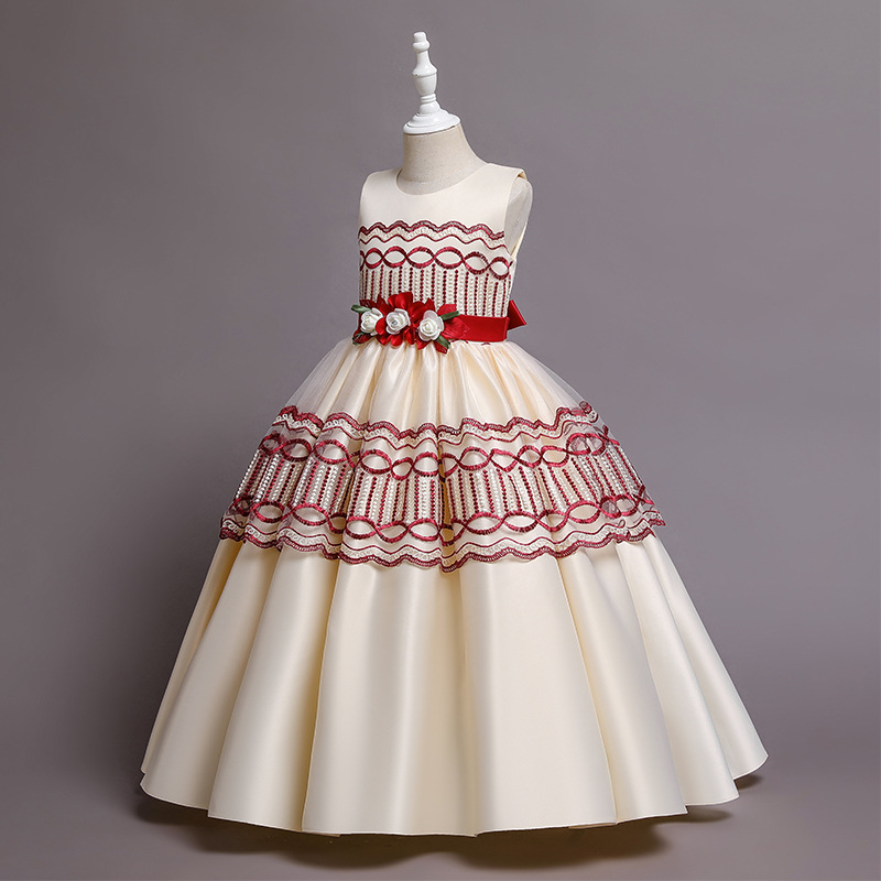 New Satin Princess Dress middle and large children's dress host piano group performance dress banquet evening dress