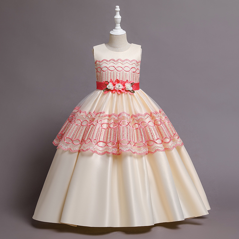 New Satin Princess Dress middle and large children's dress host piano group performance dress banquet evening dress