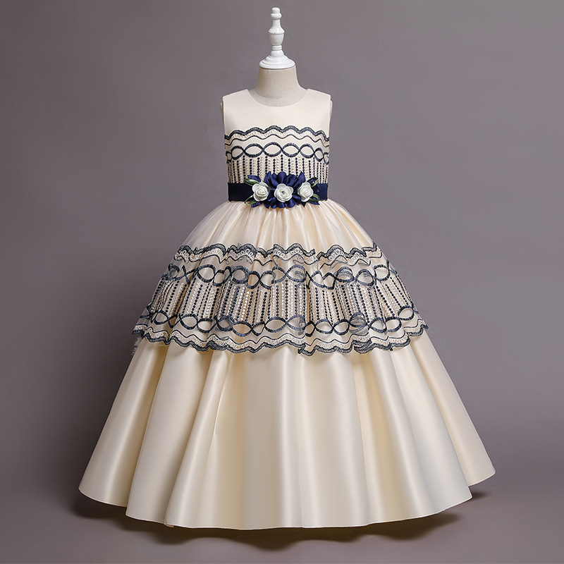 New Satin Princess Dress middle and large children's dress host piano group performance dress banquet evening dress