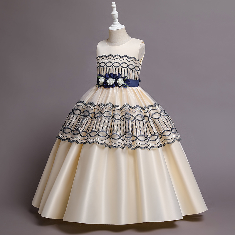 New Satin Princess Dress middle and large children's dress host piano group performance dress banquet evening dress