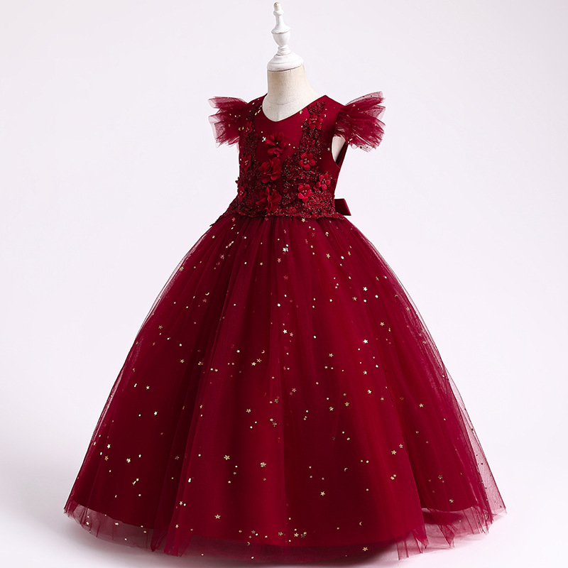 Girls Princess Dress pearl flower decoration host performance wedding dress flower children bright film dress party long dress