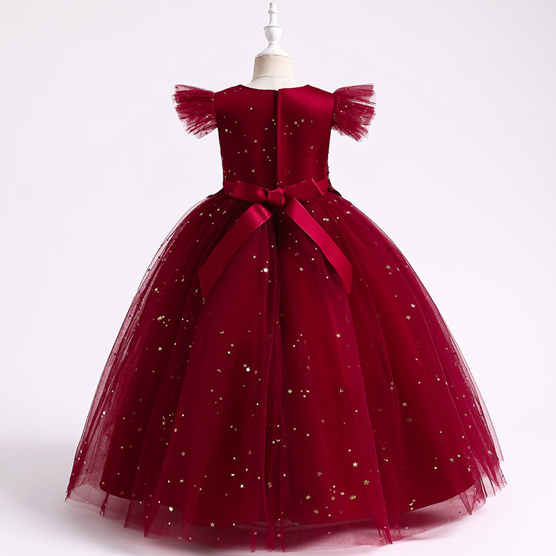 Girls Princess Dress pearl flower decoration host performance wedding dress flower children bright film dress party long dress