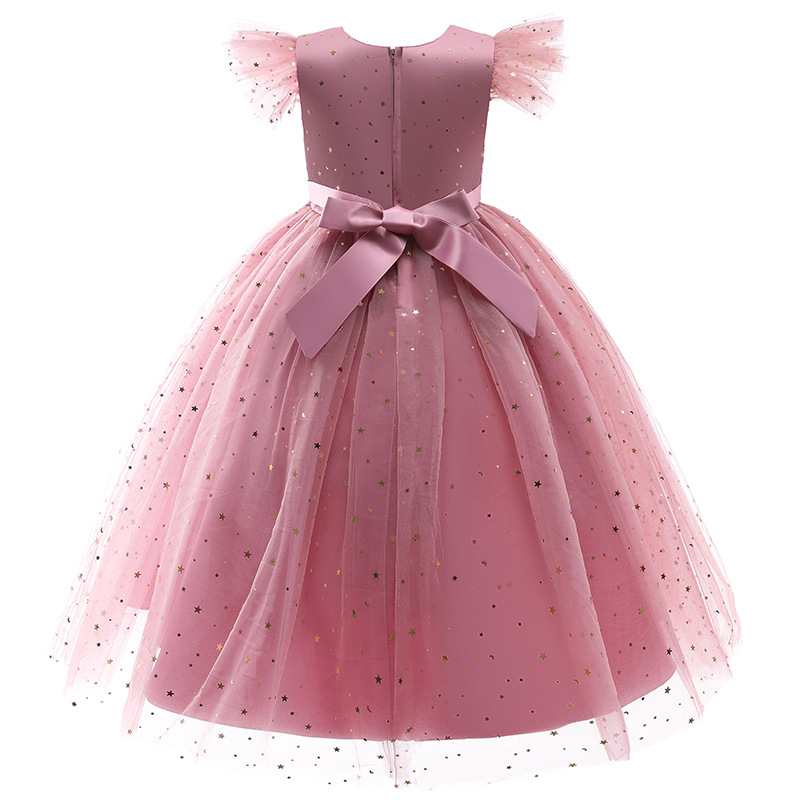 Girls Princess Dress pearl flower decoration host performance wedding dress flower children bright film dress party long dress