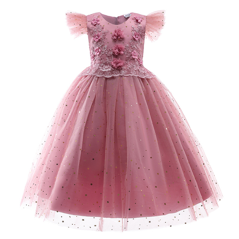 Girls Princess Dress pearl flower decoration host performance wedding dress flower children bright film dress party long dress