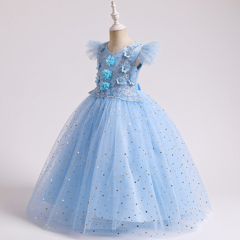 Girls Princess Dress pearl flower decoration host performance wedding dress flower children bright film dress party long dress