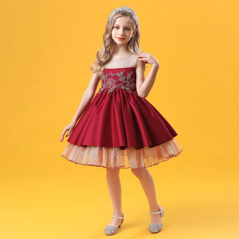 Girls' beaded dress gold mesh puffy sweet beauty girls' Princess Dress host party dress