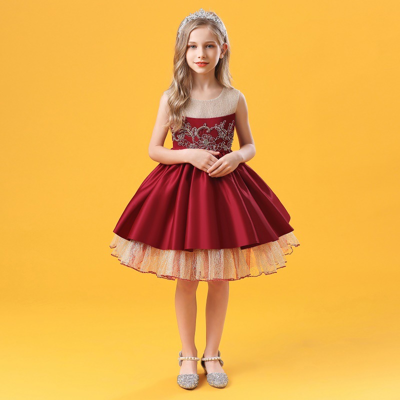 Girls' beaded dress gold mesh puffy sweet beauty girls' Princess Dress host party dress