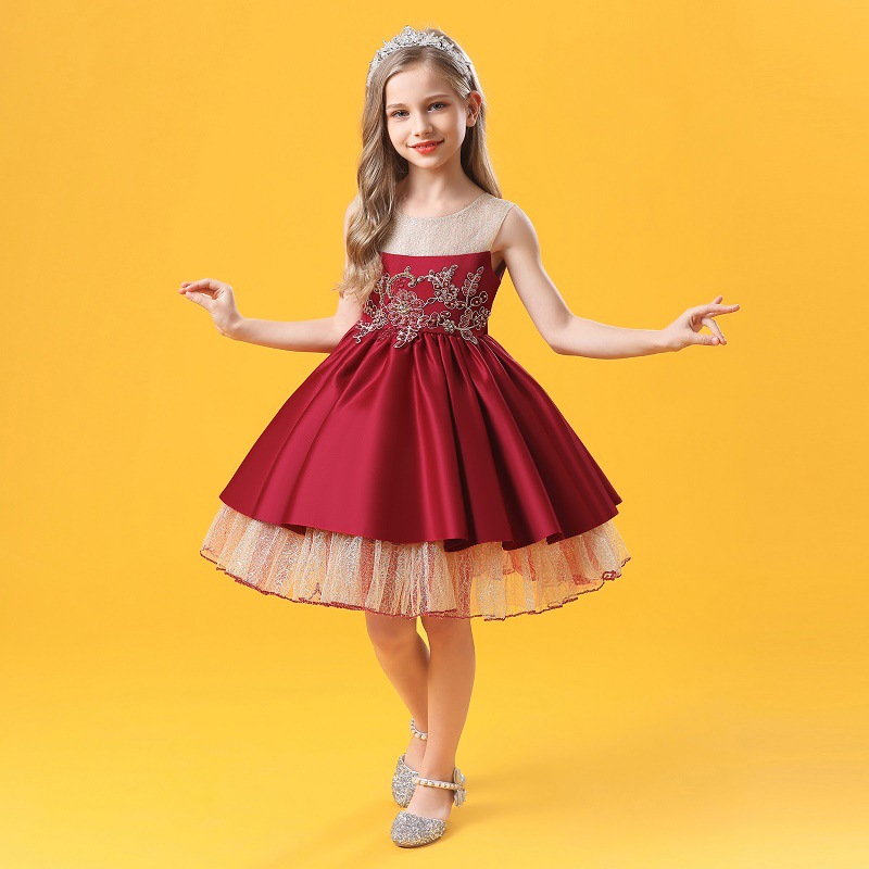 Girls' beaded dress gold mesh puffy sweet beauty girls' Princess Dress host party dress