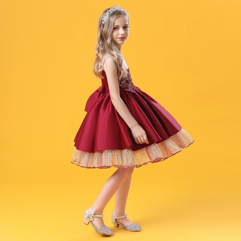 Girls' beaded dress gold mesh puffy sweet beauty girls' Princess Dress host party dress