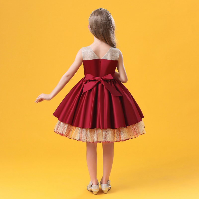 Girls' beaded dress gold mesh puffy sweet beauty girls' Princess Dress host party dress