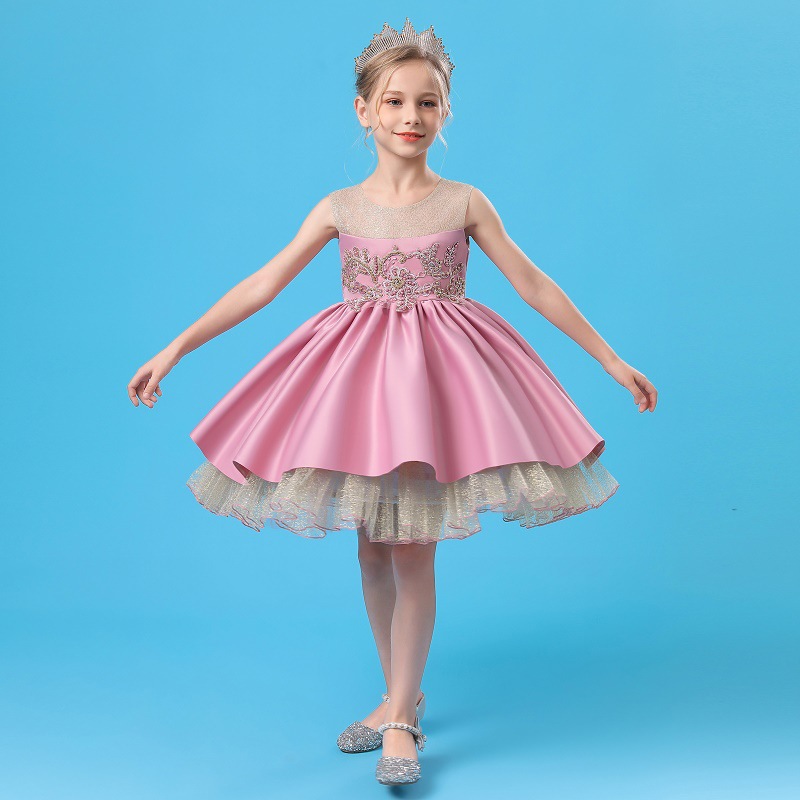 Girls' beaded dress gold mesh puffy sweet beauty girls' Princess Dress host party dress