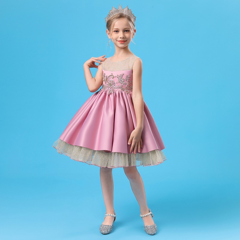 Girls' beaded dress gold mesh puffy sweet beauty girls' Princess Dress host party dress