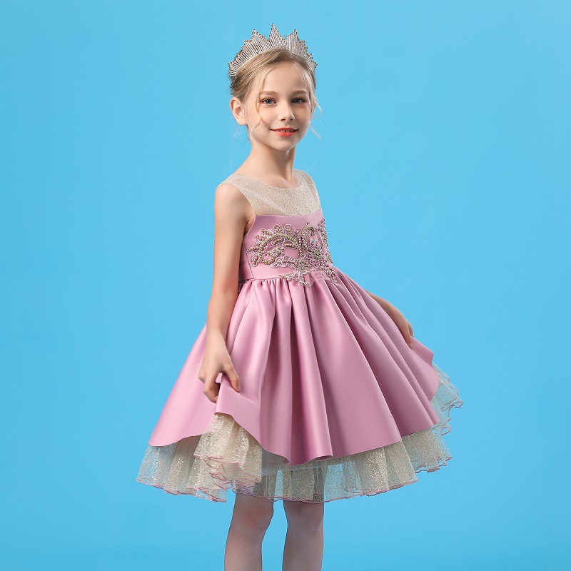Girls' beaded dress gold mesh puffy sweet beauty girls' Princess Dress host party dress